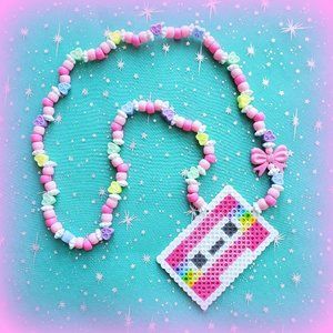 Retro 80s Cassette Tape Perler Bead Kandi Necklace